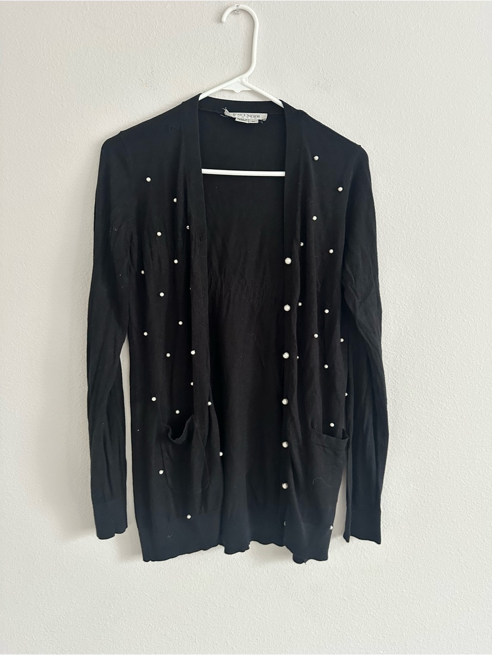 Vintage Kay Unger Silk Cashmere Blend Button Up Black Cardigan Pearls Size M